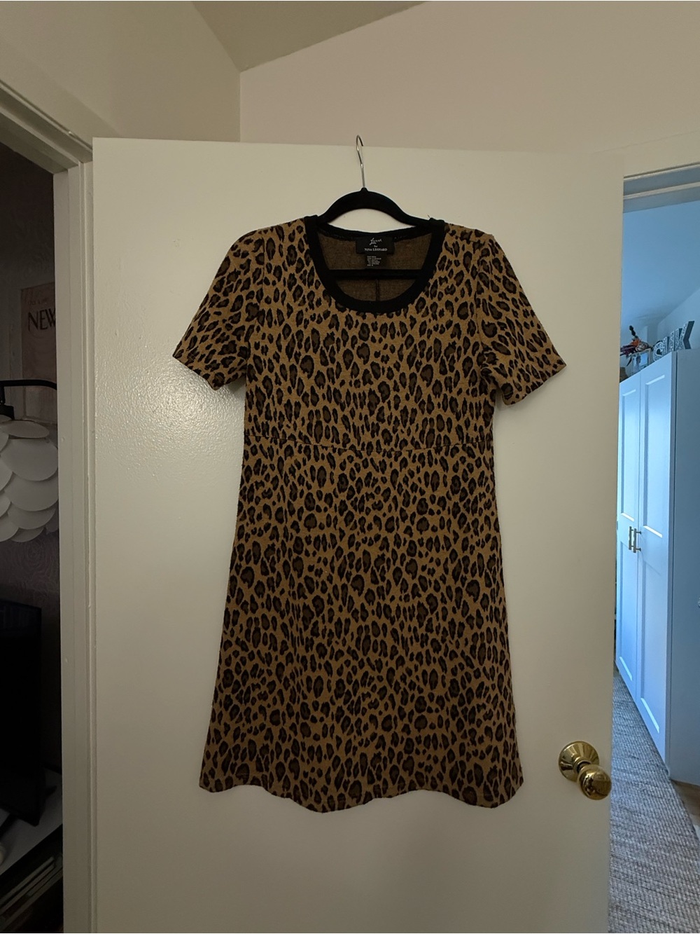 Nina Leonard Leopard Print Short Sleeve Dress - Brown/Black